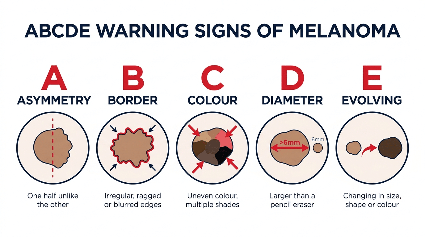 ABCDE warning signs of melanoma diagram showing Asymmetry, Border irregularity, Colour variation, Diameter over 6mm and Evolving changes in suspicious moles