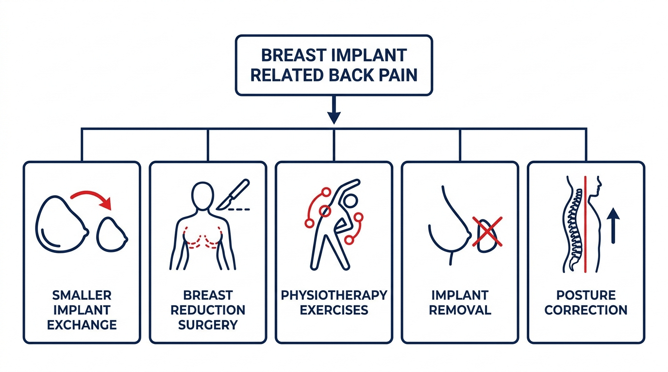 Treatment options diagram for breast implant related back pain showing implant exchange physiotherapy breast reduction implant removal and posture correction — Centre for Surgery London