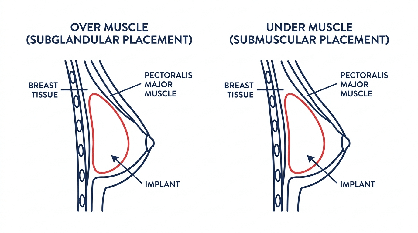 Breast implant placement diagram comparing subglandular over muscle versus submuscular under muscle placement cross-section — Centre for Surgery London