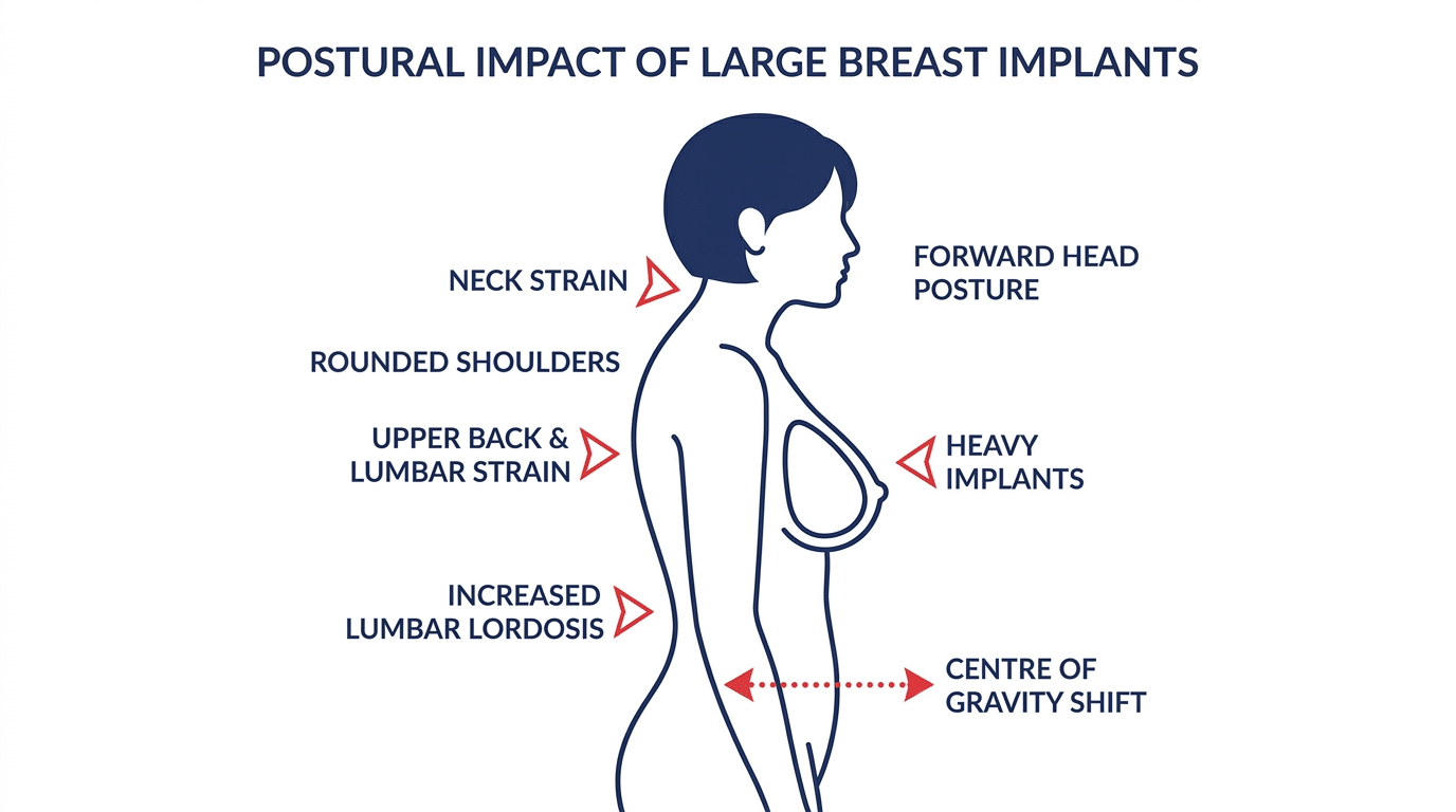 Medical diagram showing how heavy breast implants affect posture and spine with forward lean rounded shoulders and increased lumbar lordosis — Centre for Surgery London