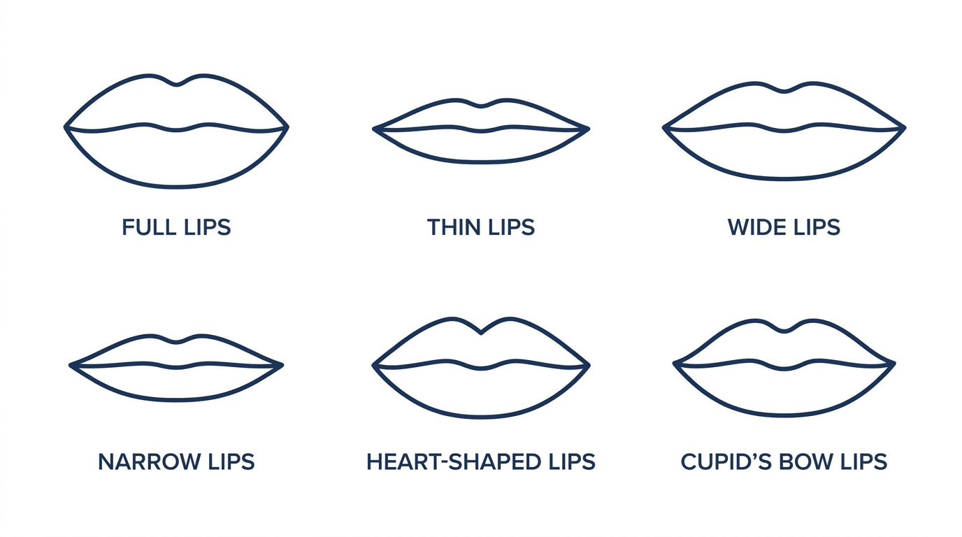 Medical illustration diagram showing six different lip shapes: full lips, thin lips, wide lips, narrow lips, heart-shaped lips and Cupid's bow lips — Centre for Surgery London