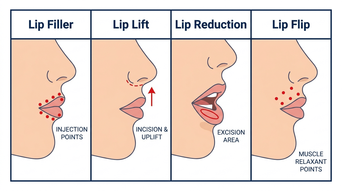 Clinical diagram showing four lip treatment techniques: lip filler injection points, lip lift incision line at base of nose, lip reduction excision line and lip flip muscle relaxant injection points — Centre for Surgery London