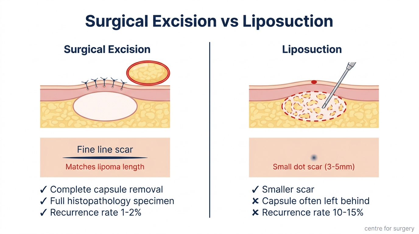 Comparison diagram of lipoma surgical excision versus liposuction showing scar size capsule completeness and recurrence rate — Centre for Surgery London