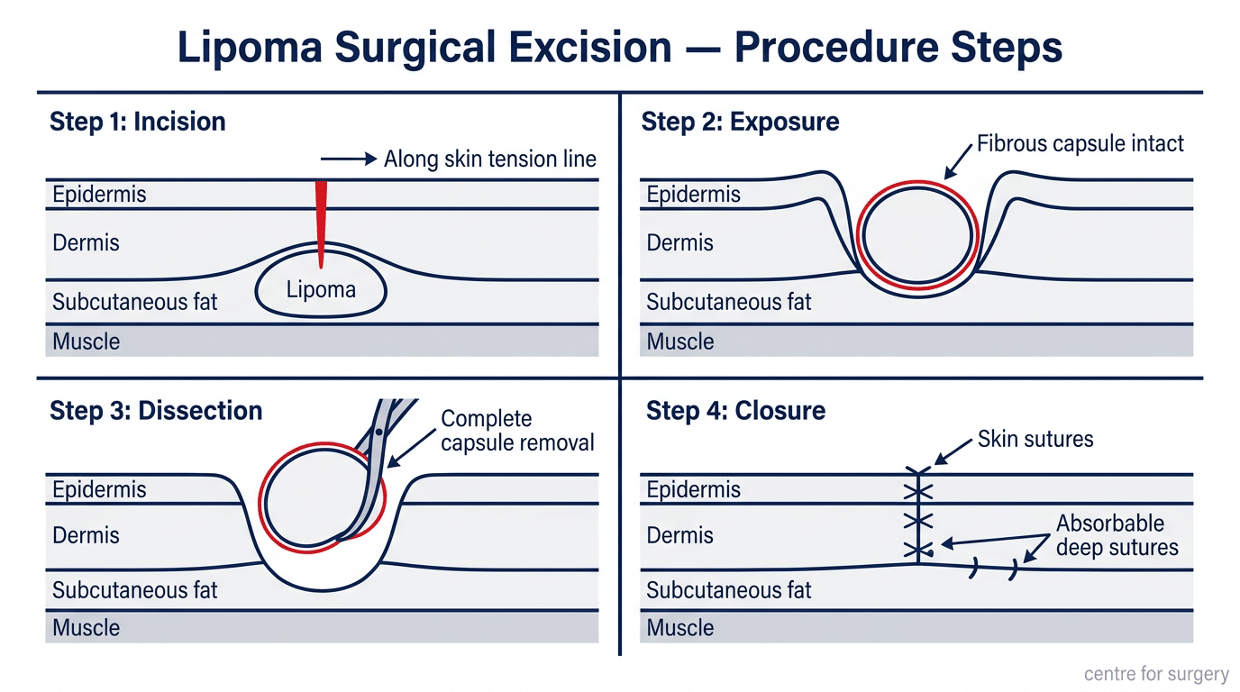 Four-panel diagram showing lipoma surgical excision steps including incision capsule exposure complete dissection and layered wound closure — Centre for Surgery London