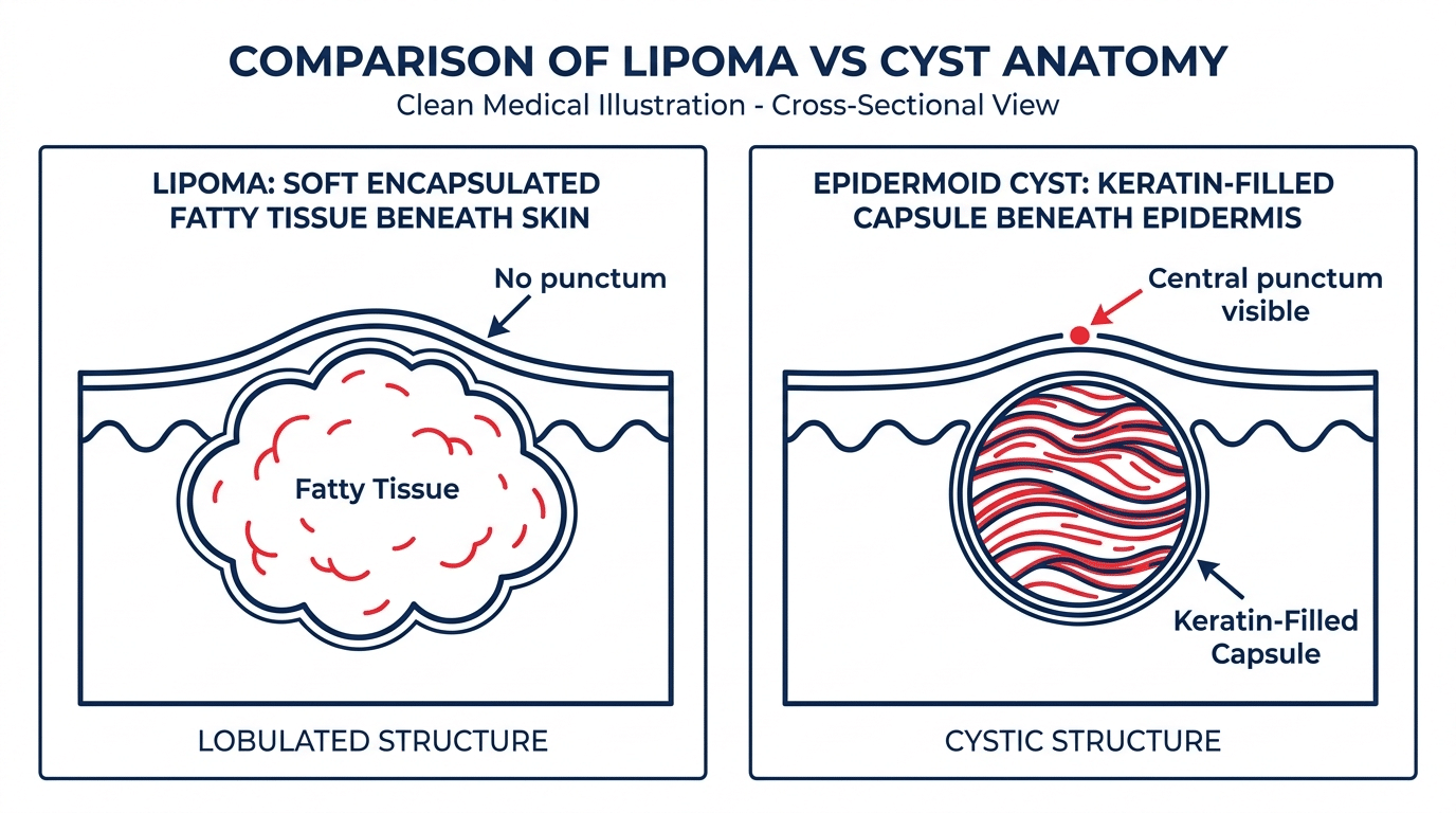 Medical diagram comparing lipoma vs cyst cross-section anatomy showing lipoma fatty tissue and epidermoid cyst keratin capsule with punctum — Centre for Surgery London