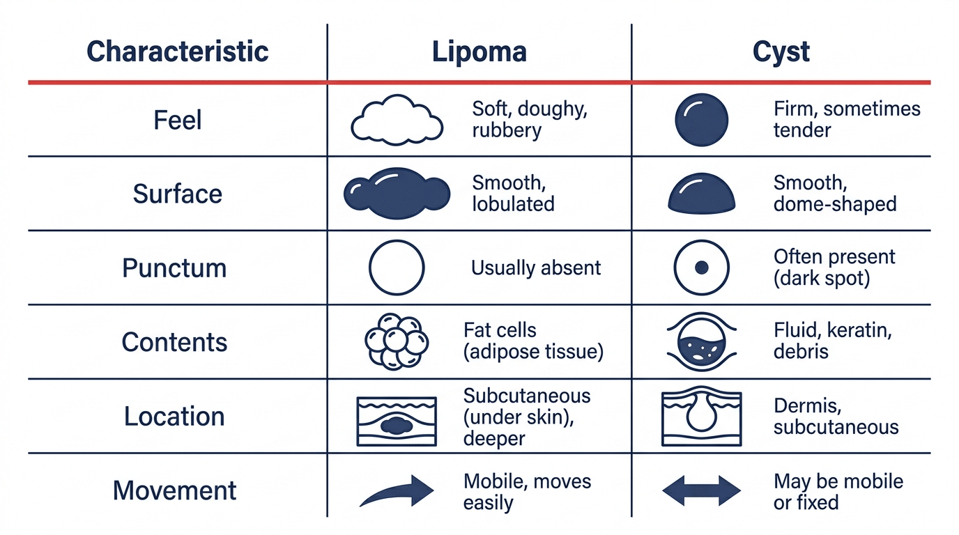 Comparison diagram showing key differences between lipoma and cyst: feel, surface, punctum, contents, location and movement — Centre for Surgery London