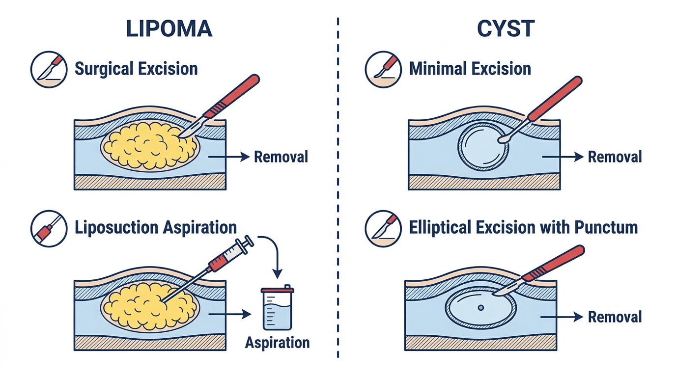 Treatment options diagram comparing lipoma removal vs cyst removal: surgical excision, liposuction aspiration, minimal excision and elliptical excision techniques — Centre for Surgery London
