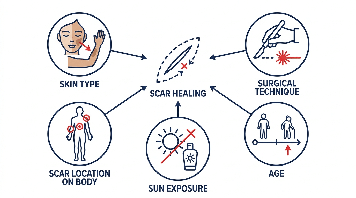 Diagram showing five factors affecting mole removal scar healing: skin type, location, surgical technique, age and sun exposure — Centre for Surgery London