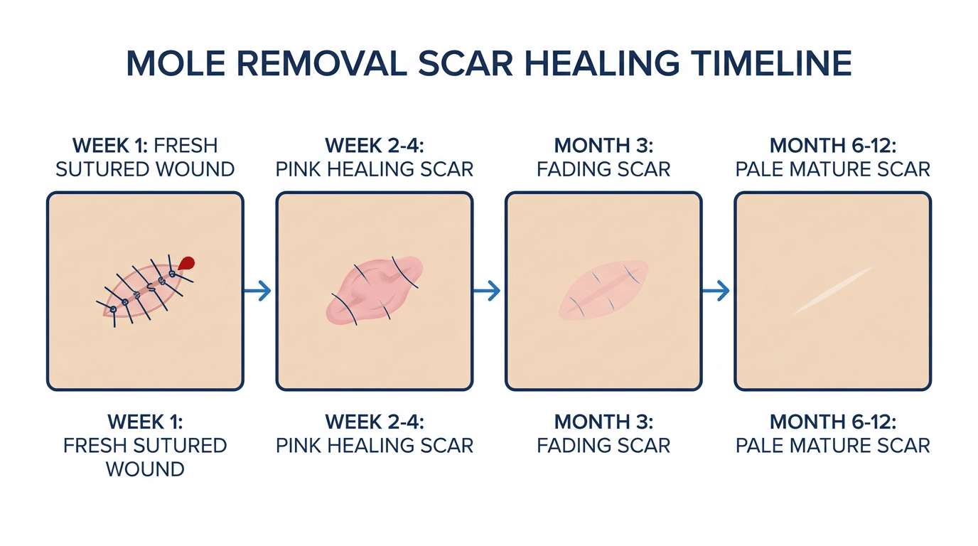 Mole removal scar healing timeline diagram showing progression from Week 1 through to Month 12 — Centre for Surgery London