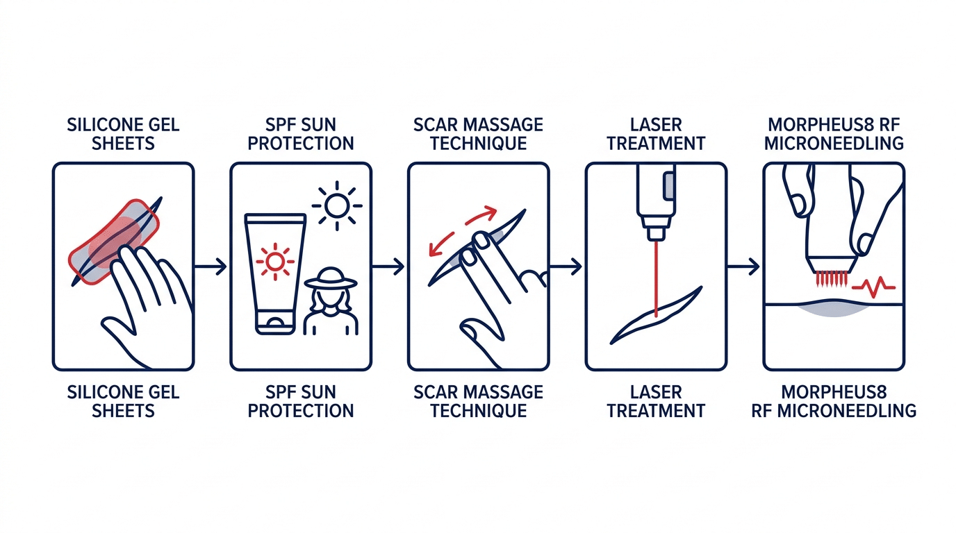 Mole removal scar treatment options diagram showing silicone gel, SPF protection, scar massage, laser treatment and Morpheus8 — Centre for Surgery London