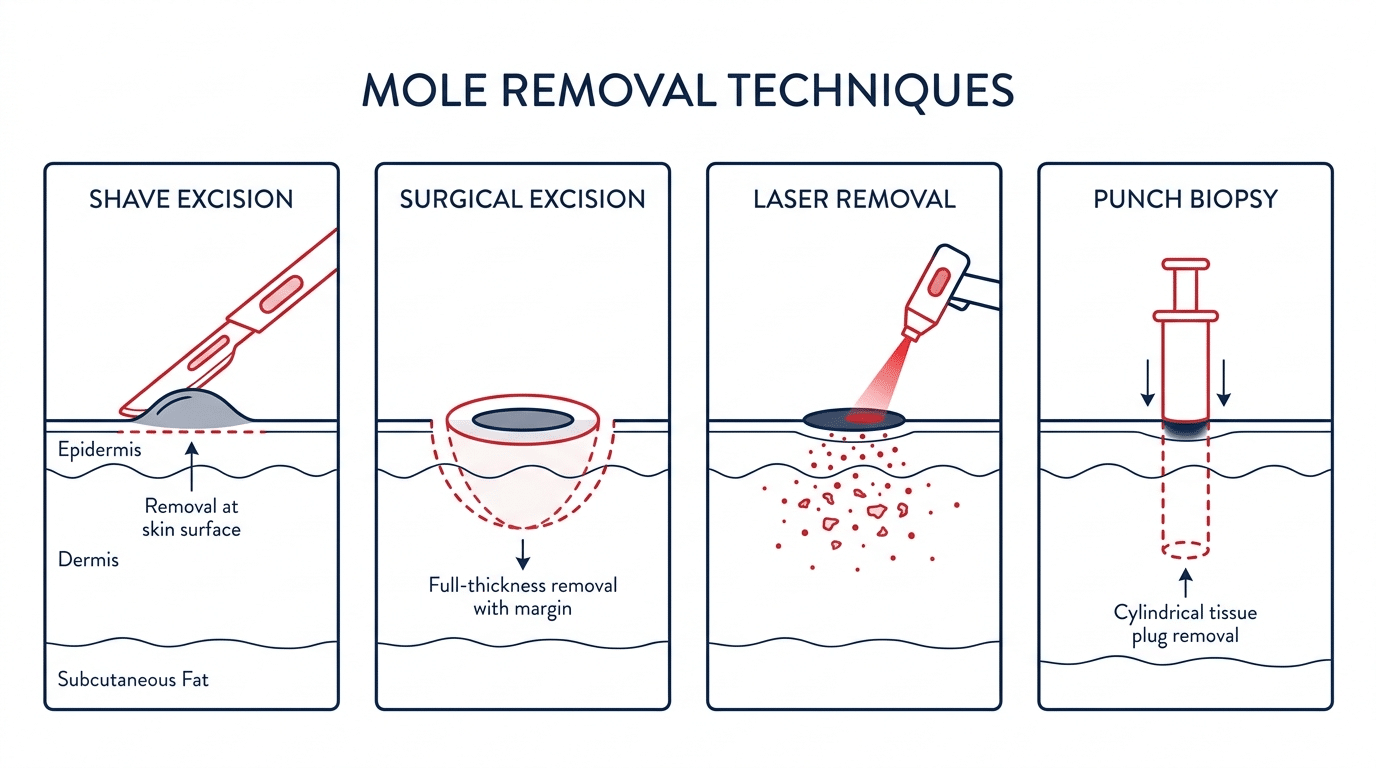 Mole removal techniques comparison diagram showing shave excision, surgical excision, laser removal and punch biopsy cross-section views of skin