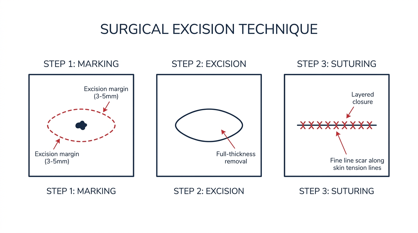 Step-by-step surgical excision mole removal diagram showing marking with safety margin, full-thickness elliptical excision, and layered suture closure