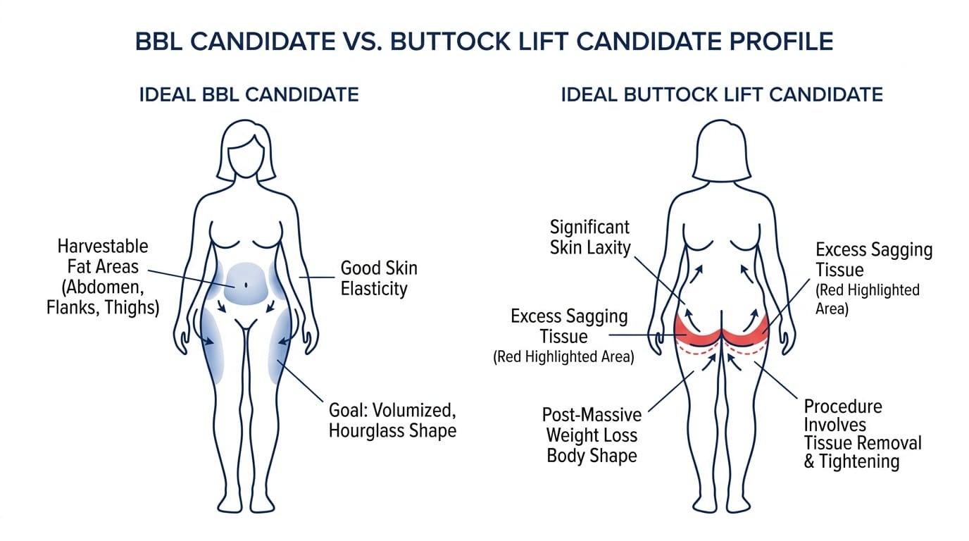 Ideal candidate profiles diagram comparing BBL versus buttock lift showing body fat distribution and skin laxity differences — Centre for Surgery London