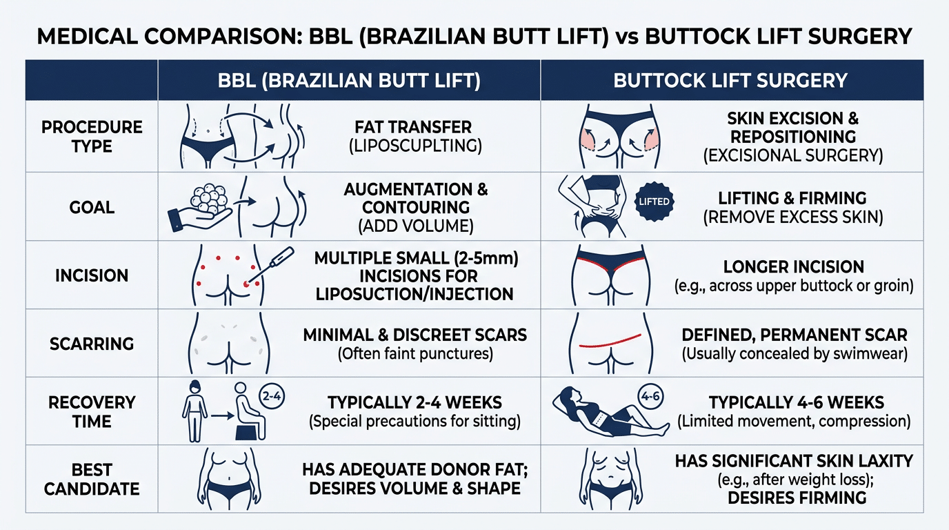 Comparison table diagram BBL Brazilian Butt Lift versus buttock lift surgery showing procedure type goal incision scarring recovery and ideal candidate — Centre for Surgery London