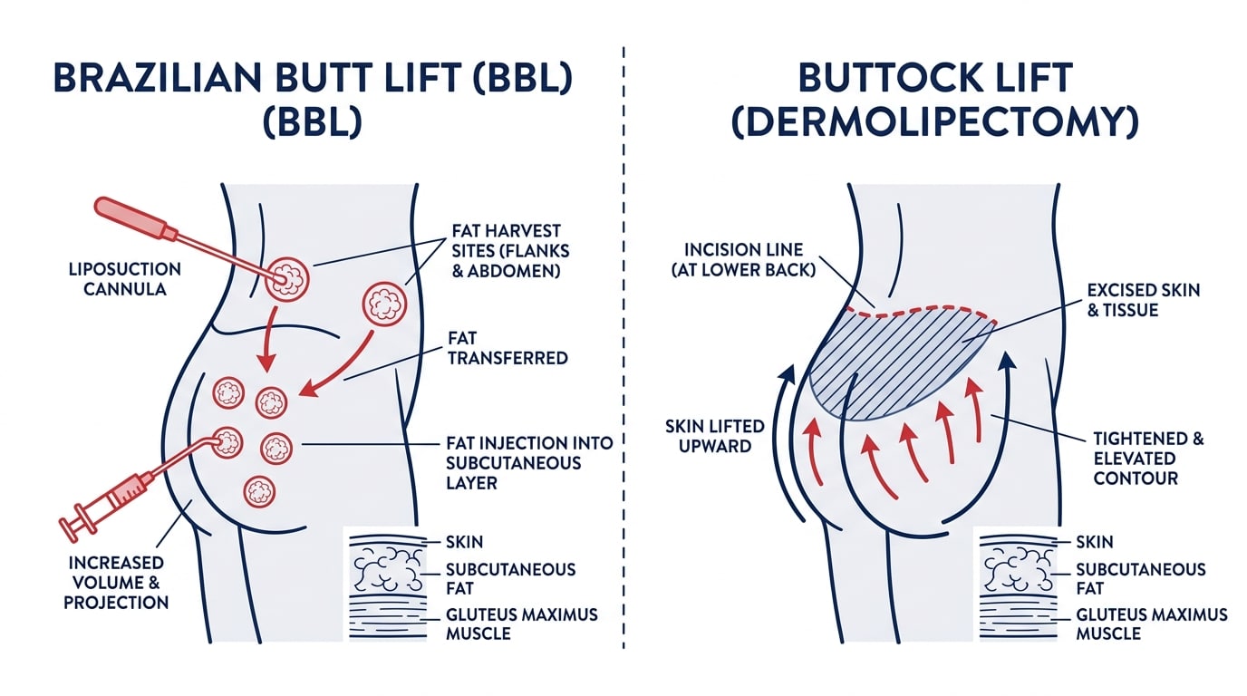 Medical diagram comparing BBL Brazilian Butt Lift versus buttock lift surgery procedures side by side — Centre for Surgery London