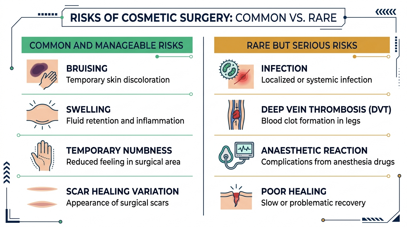 Medical infographic comparing common manageable cosmetic surgery risks including bruising swelling numbness versus rare serious risks including infection DVT and anaesthetic reaction