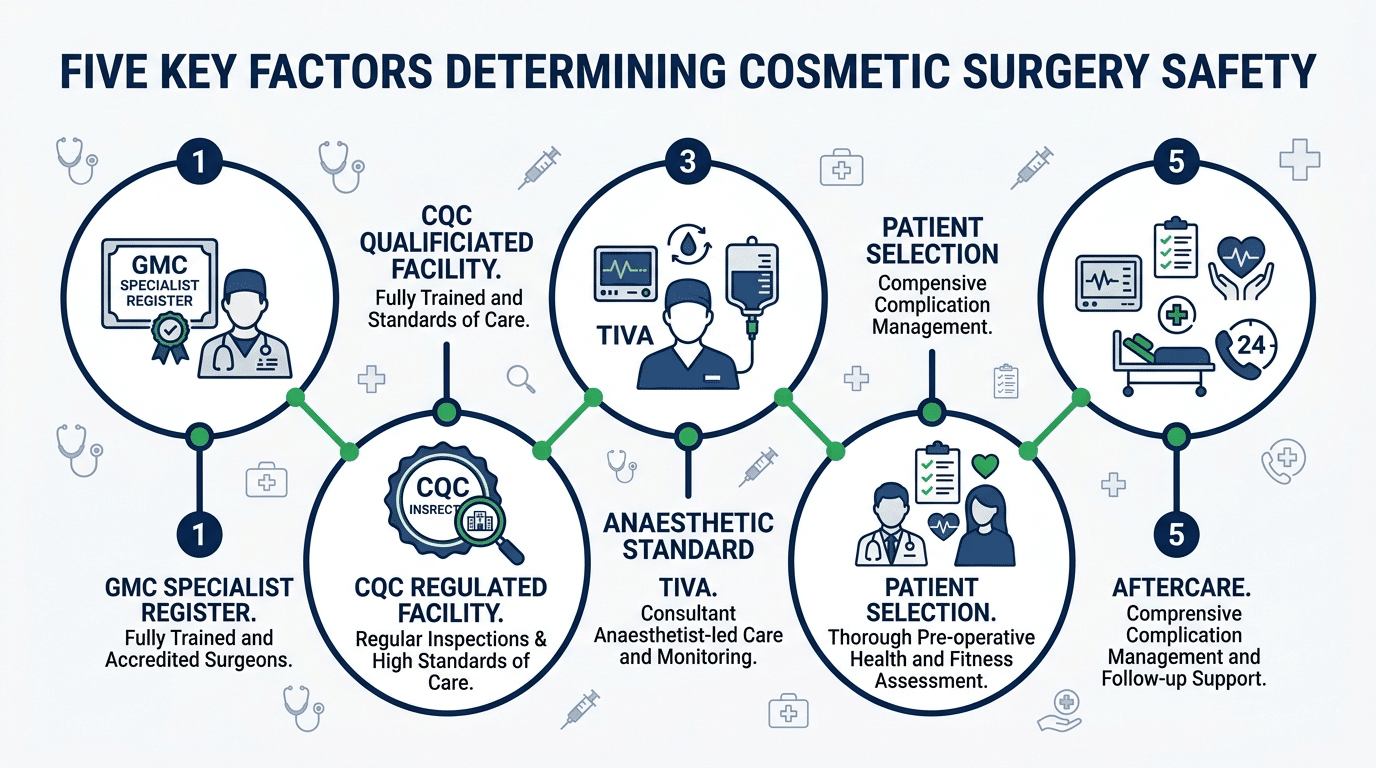 Medical illustration showing five factors that determine cosmetic surgery safety including surgeon qualifications CQC facility anaesthetic standard patient selection and aftercare
