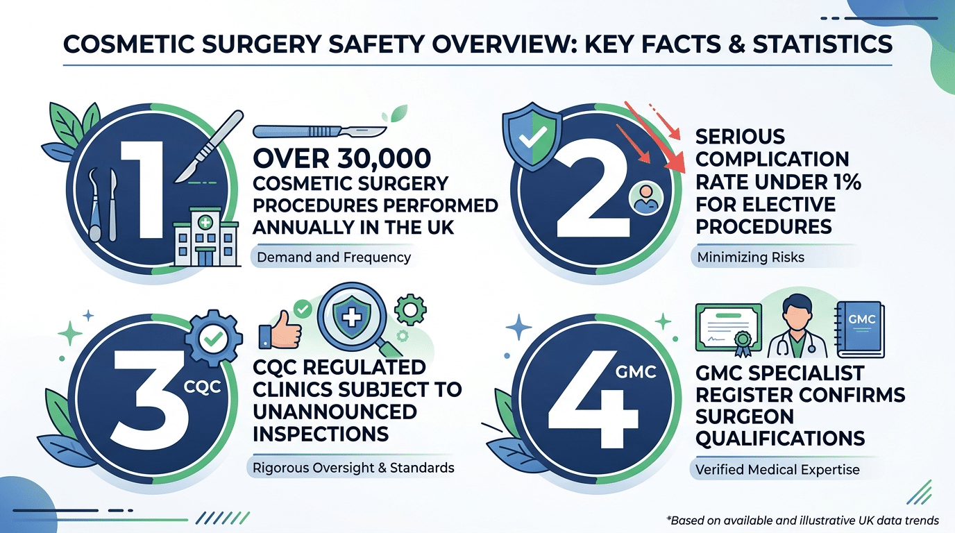 Medical infographic showing cosmetic surgery safety statistics including UK procedure volumes serious complication rates and CQC regulation facts