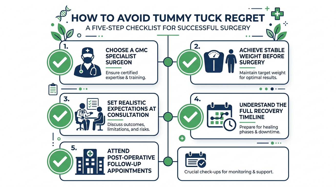 Medical illustration checklist showing five steps to avoid tummy tuck regret including choosing a specialist surgeon achieving stable weight and setting realistic expectations