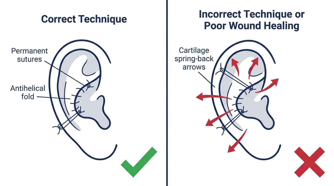 Medical diagram showing why ears go back after otoplasty comparing correct suture technique versus cartilage spring-back — Centre for Surgery London
