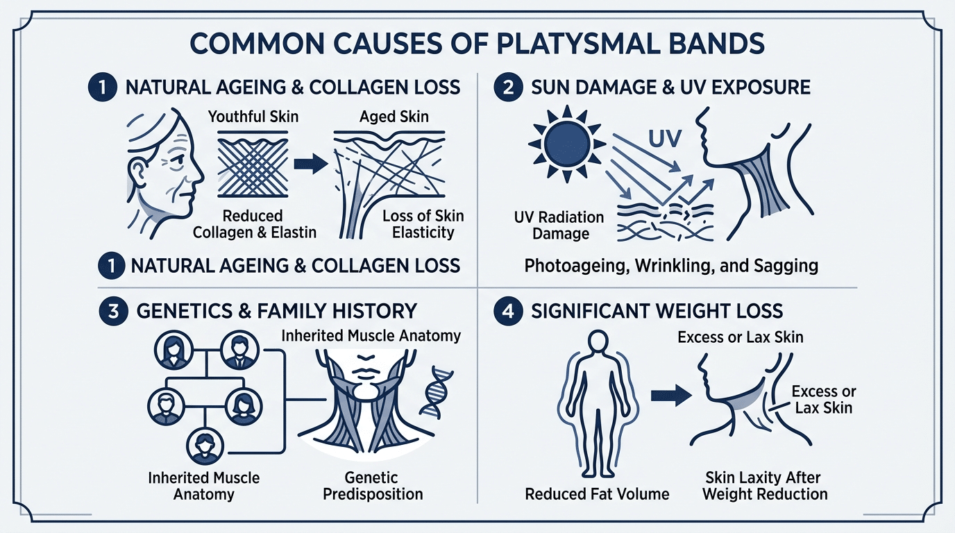 Medical diagram showing common causes of platysmal bands including natural ageing sun damage genetics and weight loss