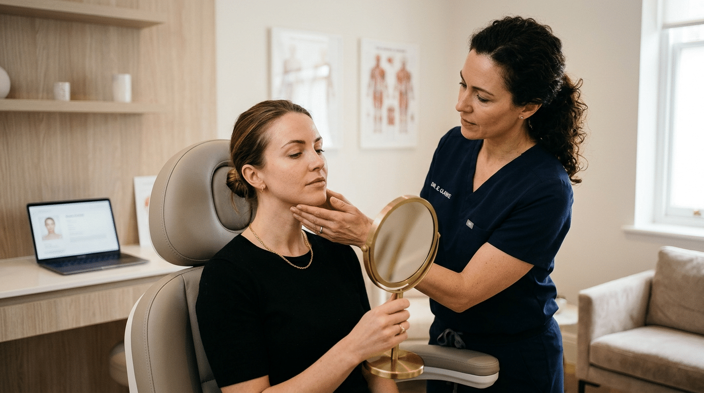 Surgeon consulting with patient about neck and platysmal band concerns at Centre for Surgery London Baker Street clinic