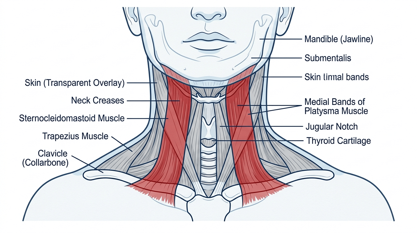 Medical anatomy diagram showing platysma muscle in the neck with two vertical bands running from jawline to collarbone