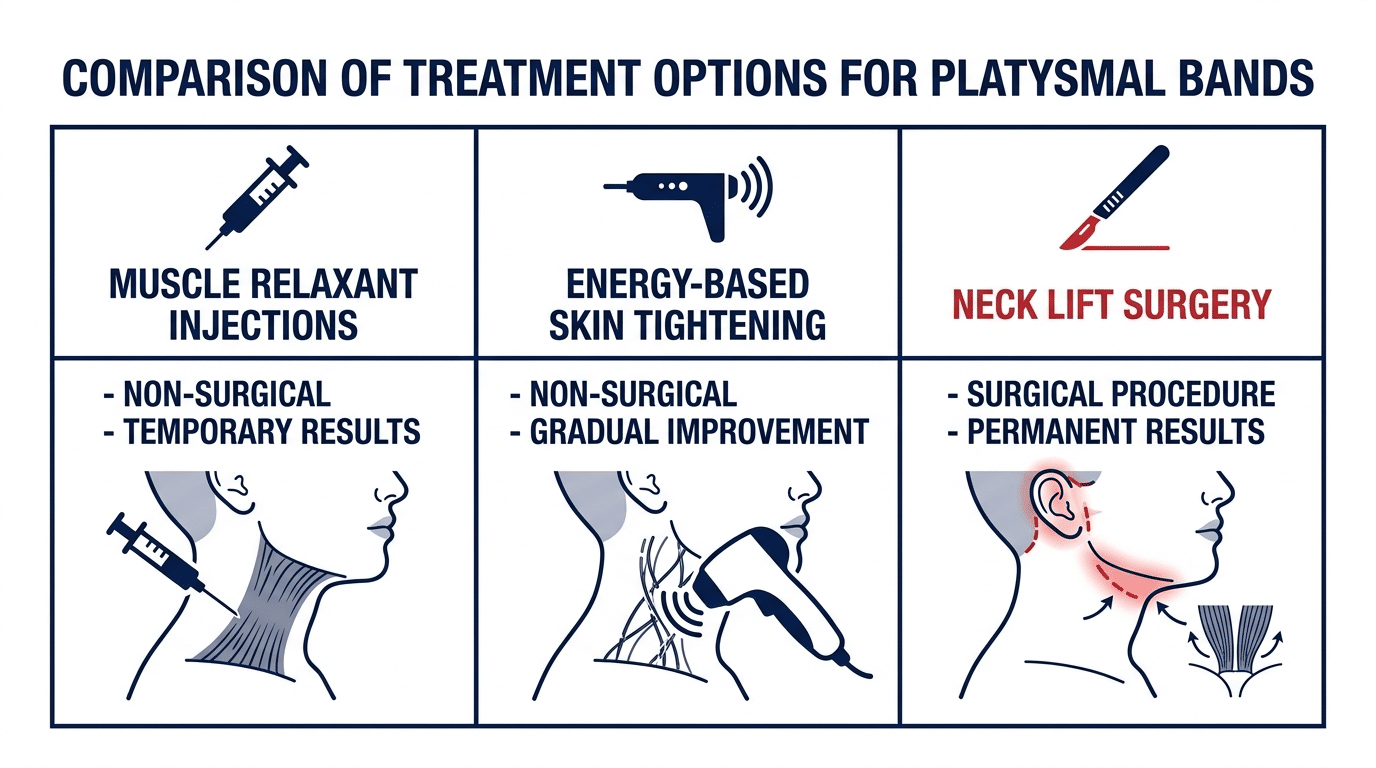 Medical comparison diagram showing three treatment options for platysmal bands including muscle relaxant injections energy-based skin tightening and neck lift surgery