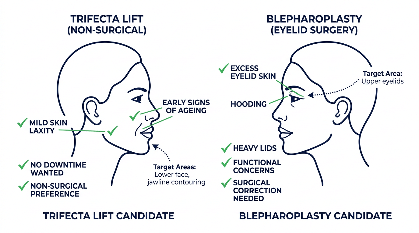 Medical diagram showing ideal candidate profiles for Trifecta Lift versus blepharoplasty based on laxity volume loss and skin quality concerns