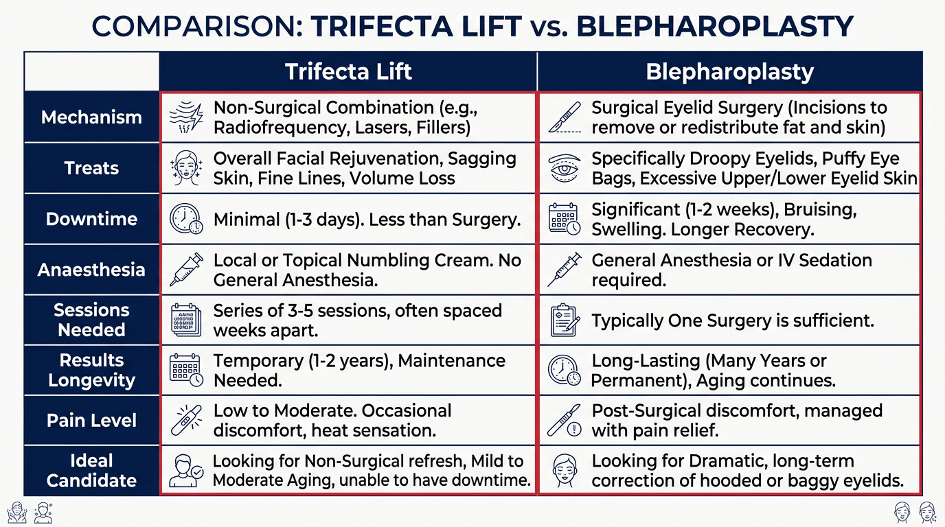Medical comparison table showing Trifecta Lift versus blepharoplasty across mechanism treatment areas downtime anaesthesia and results longevity
