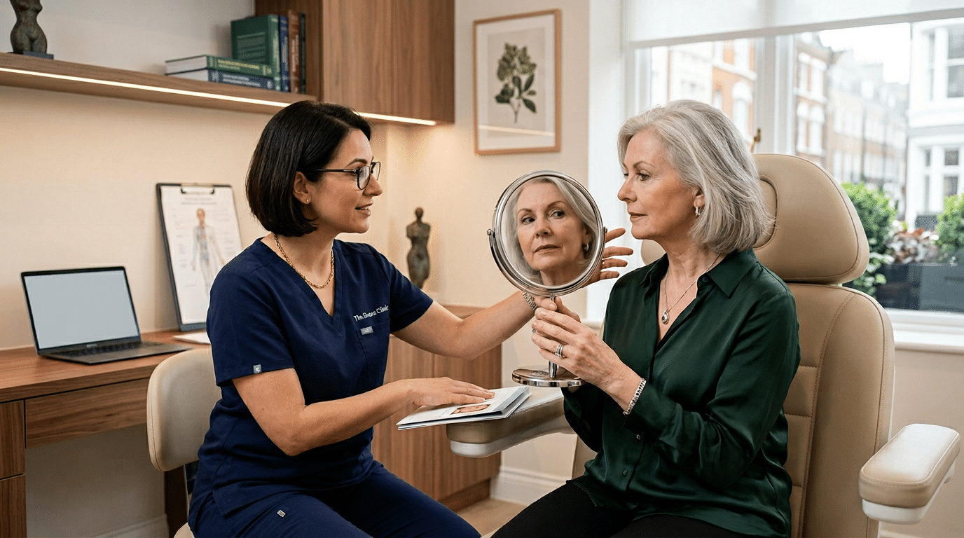 Surgeon consulting with patient about facial rejuvenation options including Trifecta Lift and blepharoplasty at Centre for Surgery London