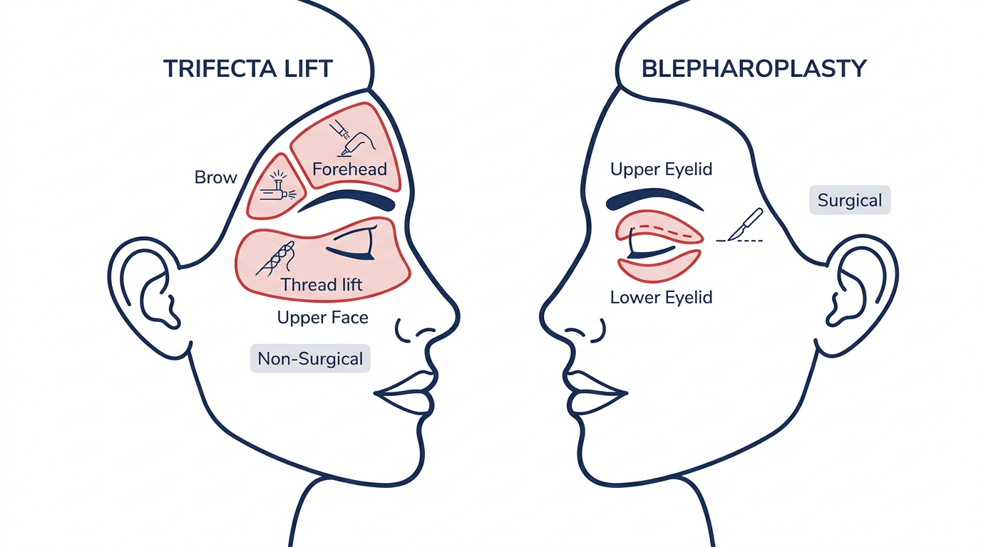 Medical diagram comparing Trifecta Lift and blepharoplasty treatment zones on a facial profile showing lower eyelid midface and skin quality areas addressed