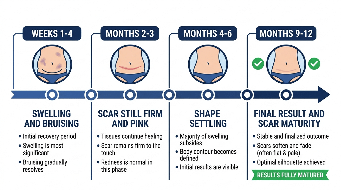 Medical timeline diagram showing tummy tuck healing and result maturation from weeks 1-4 swelling through to final result and scar maturity at 9-12 months