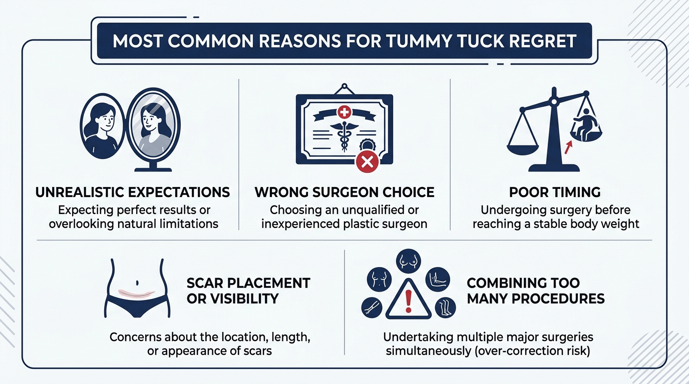 Medical infographic showing five common causes of tummy tuck regret including unrealistic expectations wrong surgeon choice poor timing and combining too many procedures