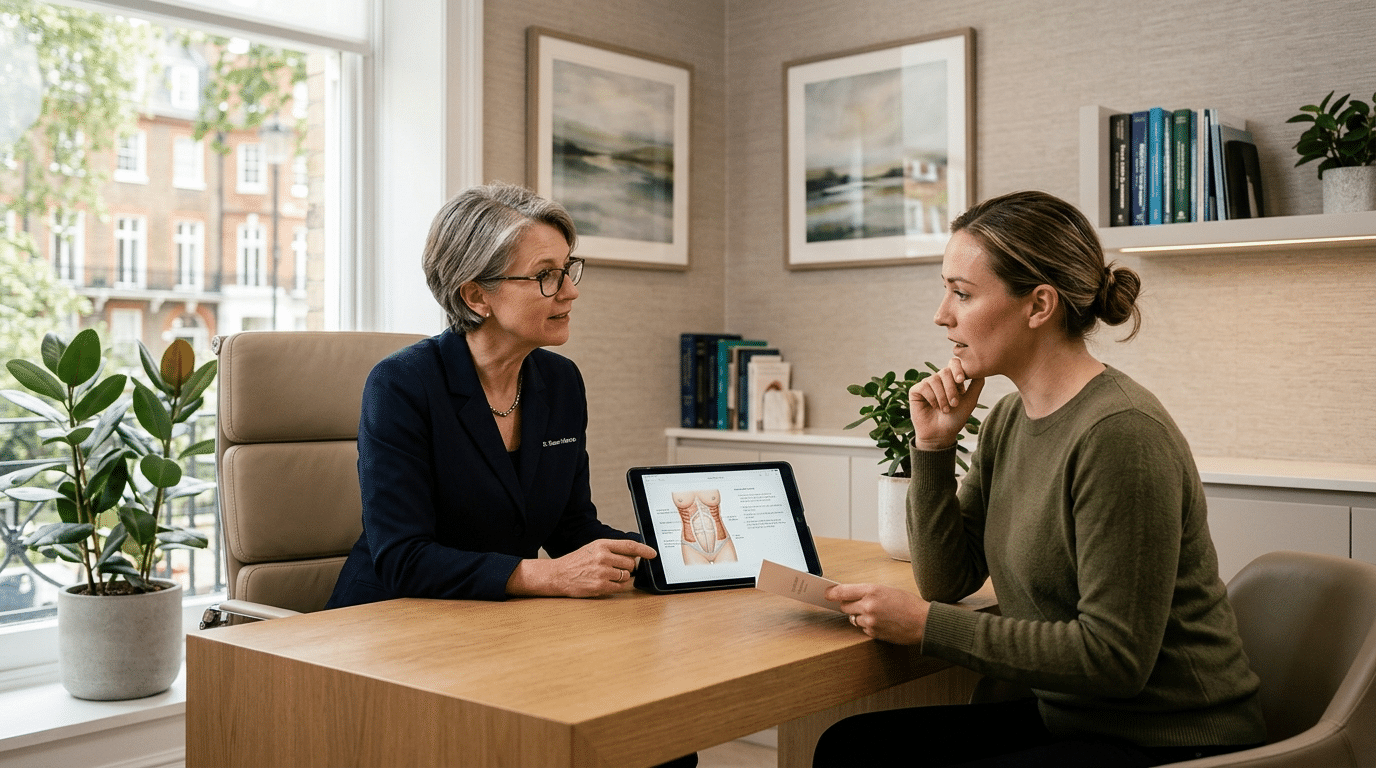 Surgeon and patient in thoughtful consultation about tummy tuck concerns at Centre for Surgery London Baker Street clinic