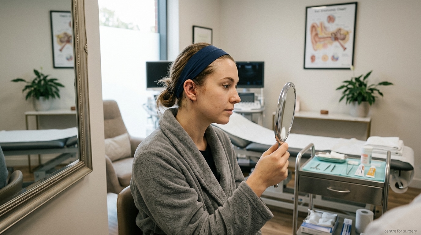 Patient after otoplasty ear pinning surgery examining results in mirror at Centre for Surgery London Baker Street