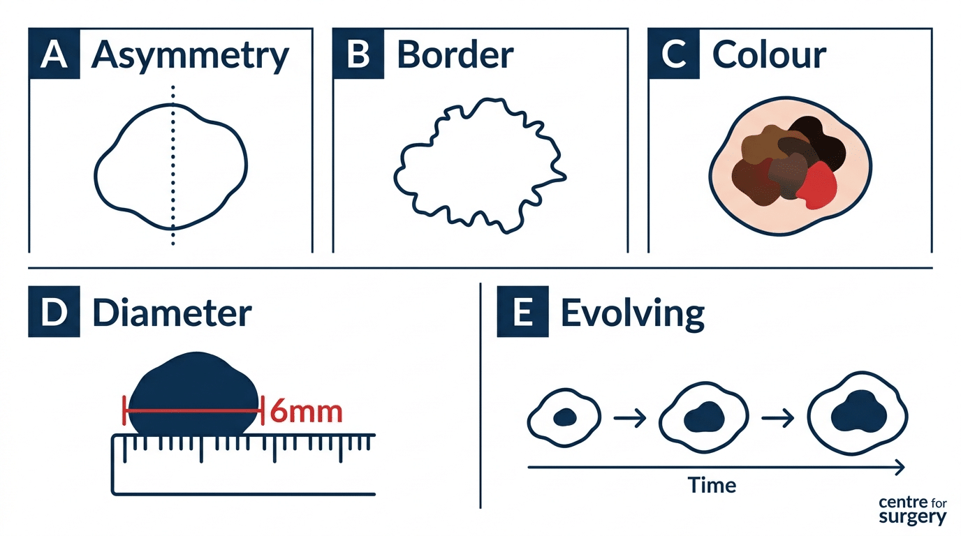 The ABCDE rule for checking a mole: Asymmetry, Border, Colour, Diameter, Evolving