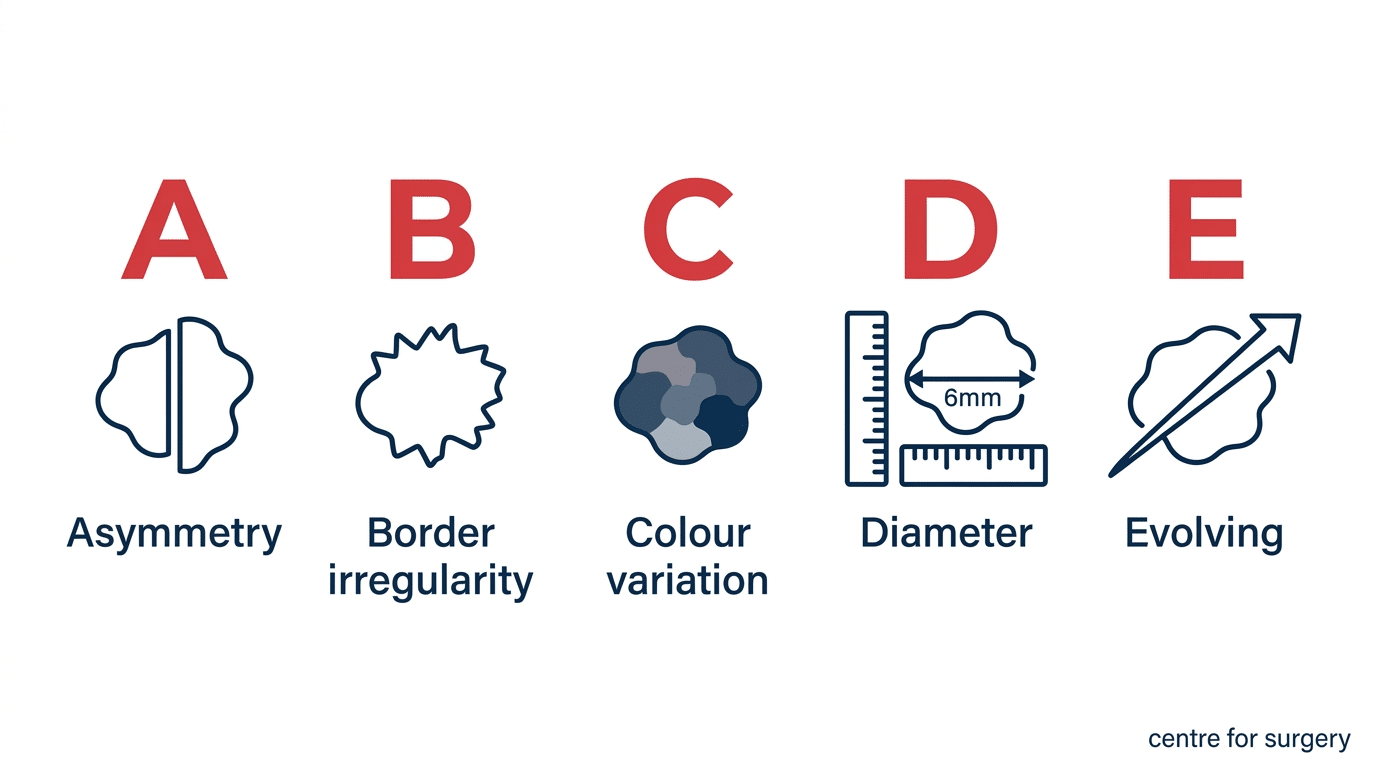 The ABCDE rule for spotting melanoma: Asymmetry, Border irregularity, Colour variation, Diameter, Evolving