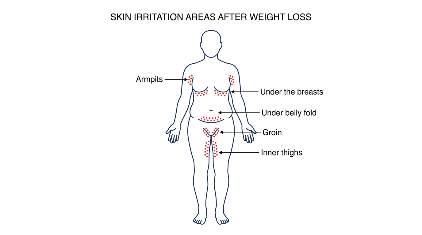 Medical diagram showing body areas most affected by skin irritation after weight loss including under the breasts groin under belly fold inner thighs and armpits