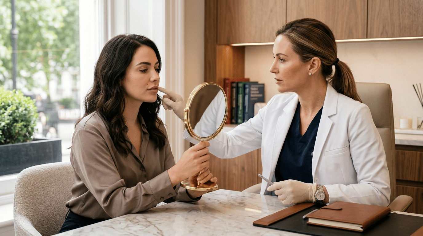 Surgeon examining patient lip symmetry and shape during consultation at Centre for Surgery London Baker Street clinic