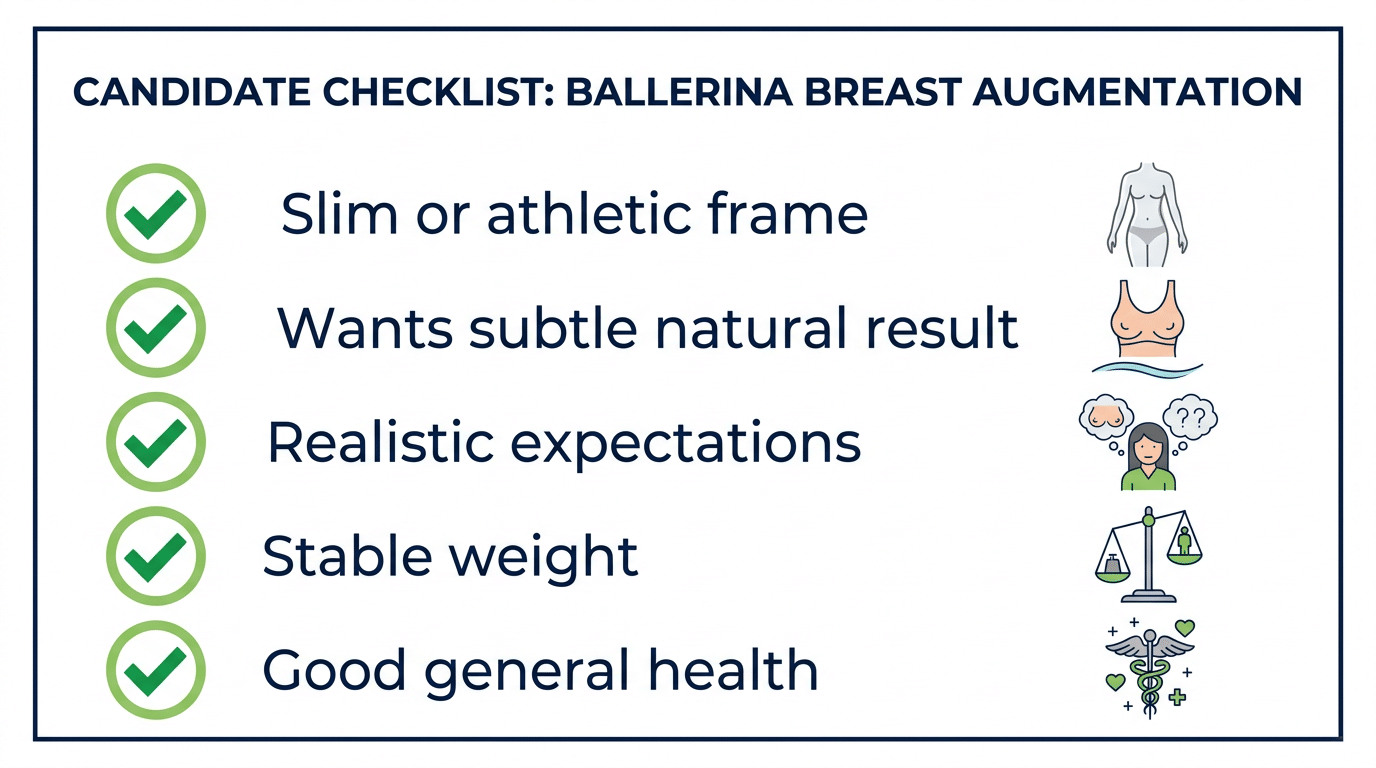 Medical checklist showing who is a good candidate for a ballerina breast augmentation including slim or athletic frame wanting subtle natural result realistic expectations stable weight and good health