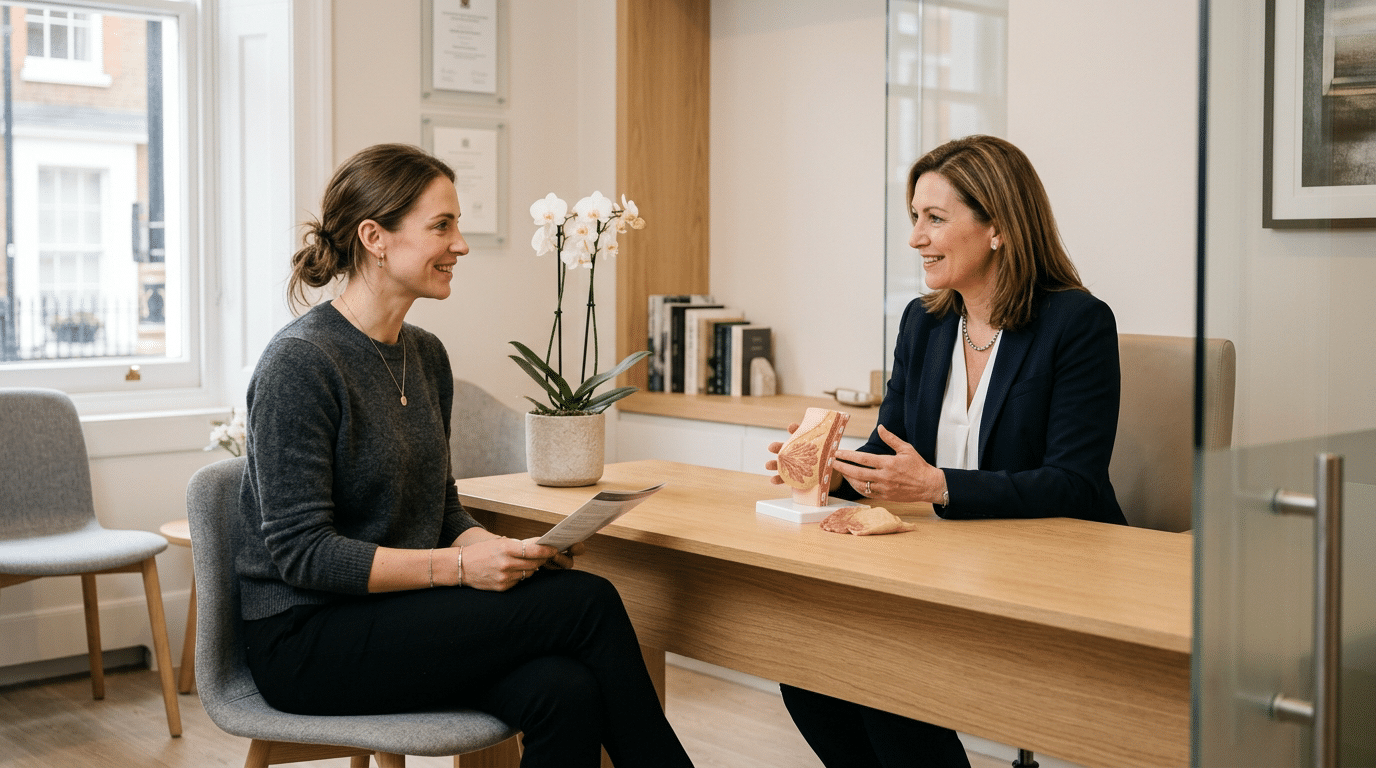 Slim athletic female patient in consultation with breast surgeon discussing natural ballerina breast augmentation at Centre for Surgery London Baker Street clinic