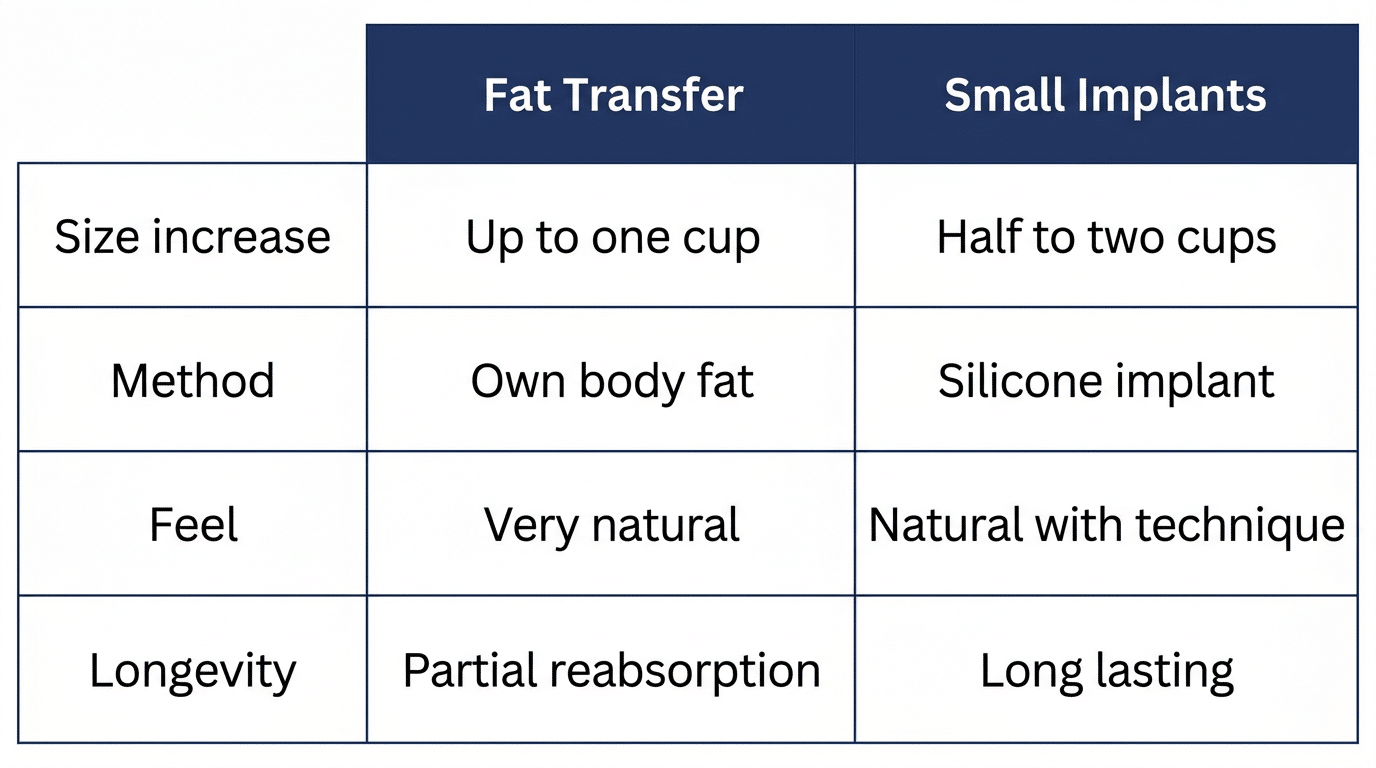 Medical comparison table showing fat transfer versus small implants for ballerina breast augmentation comparing size increase method feel and longevity