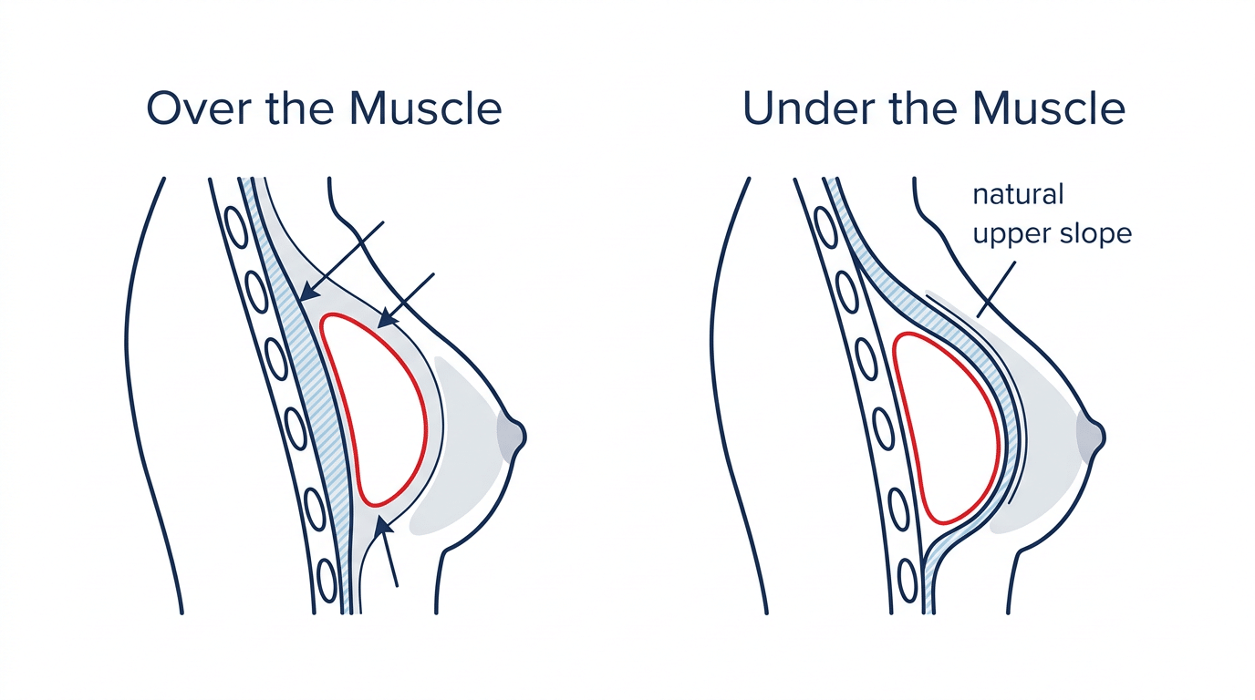 Medical diagram showing breast implant placement options over the muscle versus under the muscle for a natural upper slope in ballerina breast augmentation