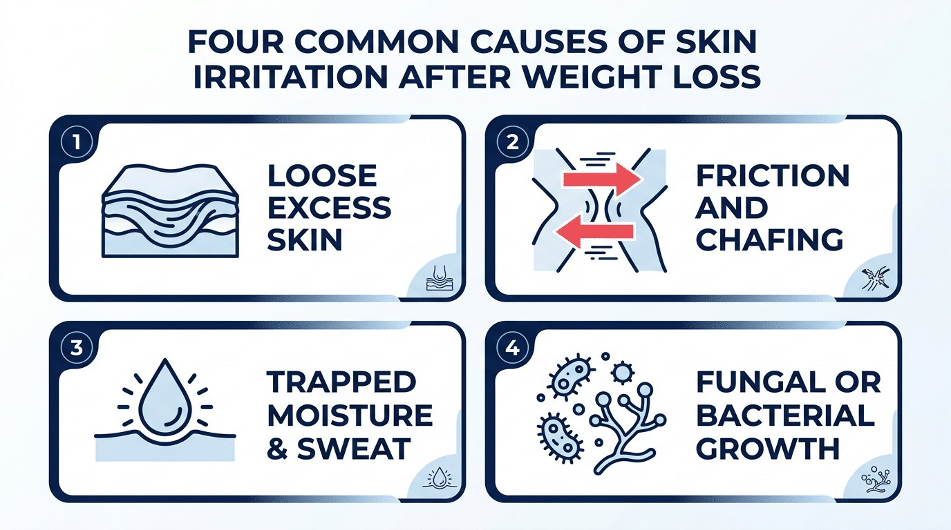 Medical diagram showing four causes of skin irritation after weight loss including loose excess skin friction and chafing trapped moisture and sweat and fungal or bacterial growth