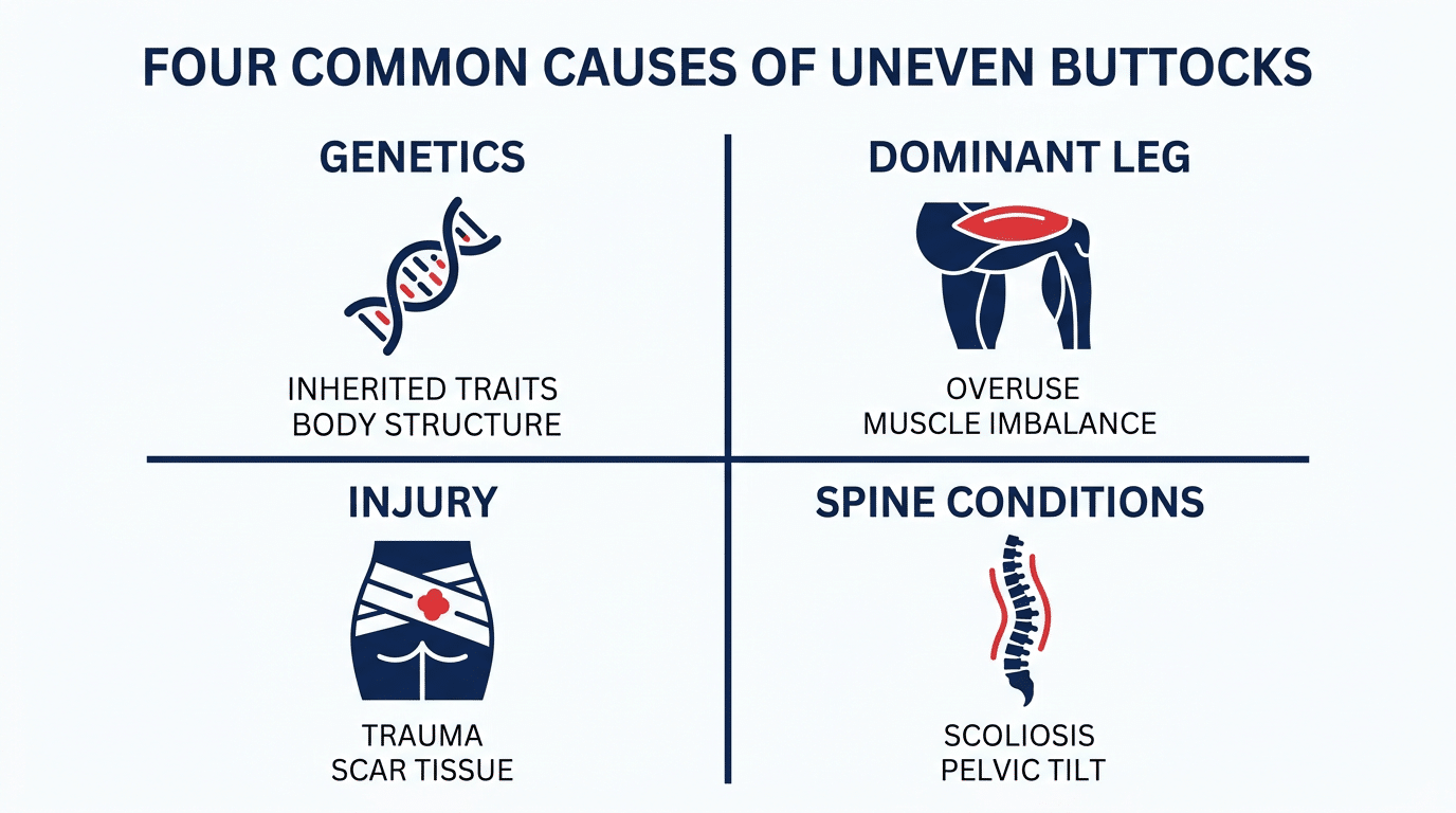 Medical diagram showing four causes of uneven buttocks genetics dominant leg injury and spine conditions