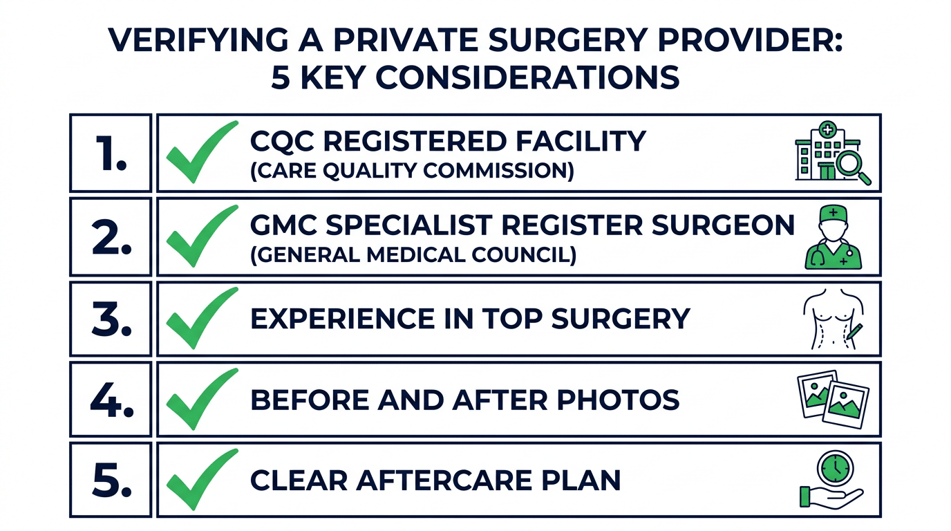 Medical checklist showing five things to verify when choosing a private FTM top surgery provider including CQC registration GMC specialist register surgeon experience before and after photos and aftercare plan