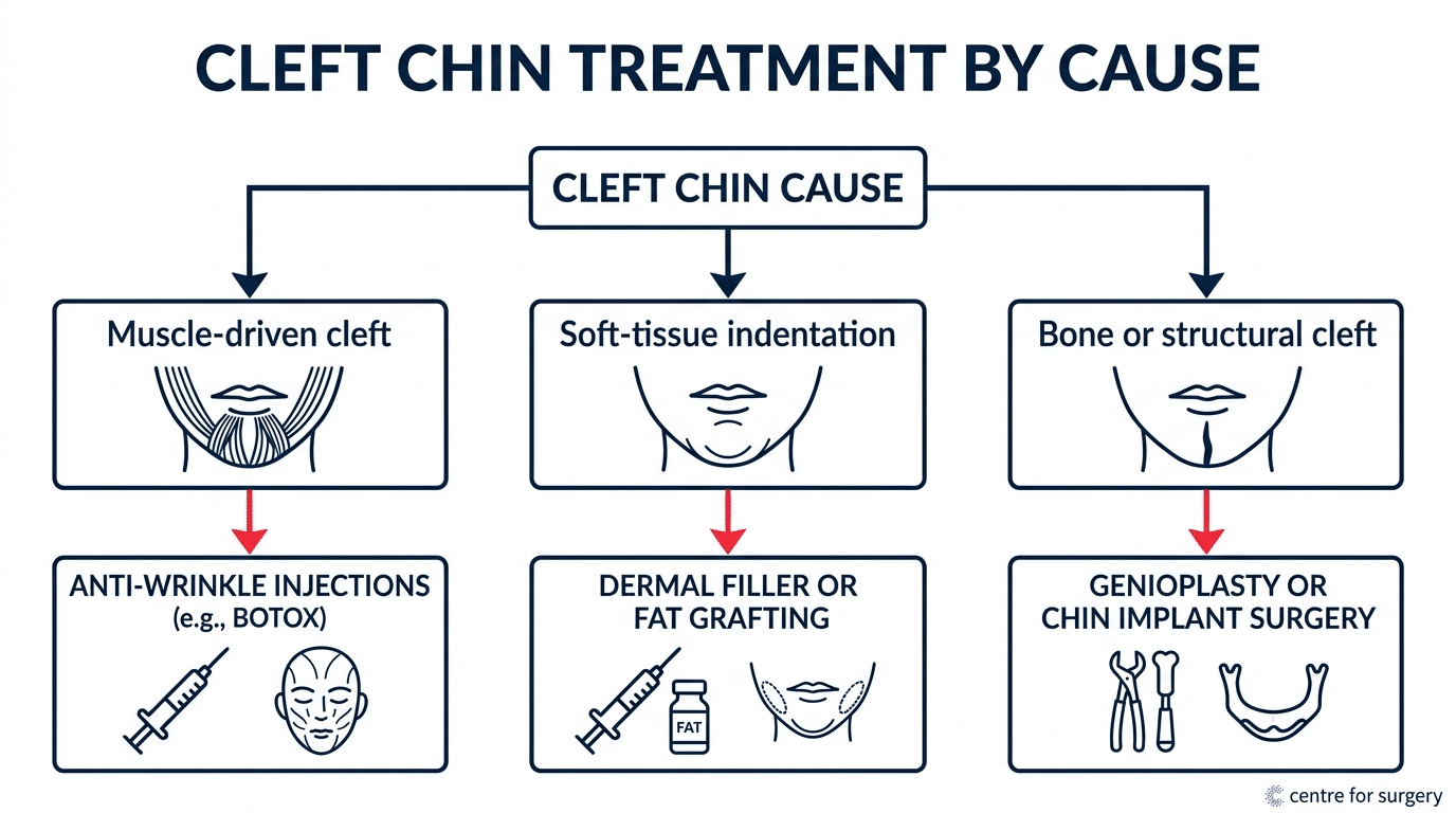 Decision guide matching cleft chin cause to treatment: muscle to anti-wrinkle injections, soft tissue to filler or fat grafting, bone to genioplasty or implant