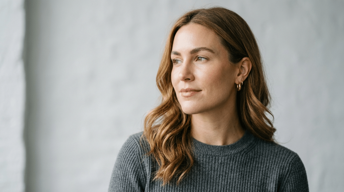 Woman with a smooth, balanced chin after cleft chin treatment in London