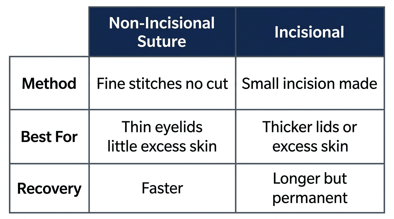 Medical comparison table showing non-incisional suture double eyelid technique versus incisional technique comparing method best candidate and recovery